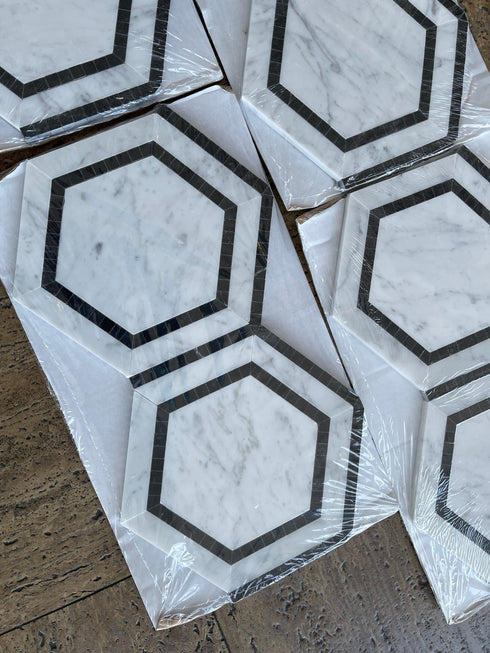 Carrara White 5" x 5" Hexagon Combination w/ Black Polished